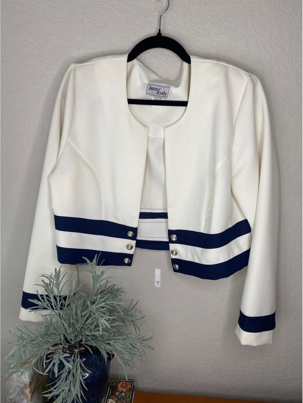 Vintage Cropped Lady Jacket Navy & White Coastal Nautical Blazer